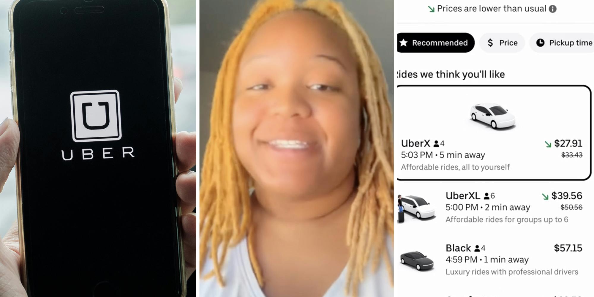 Uber app on phone(l), Woman talking(c), Uber app pricing(r)