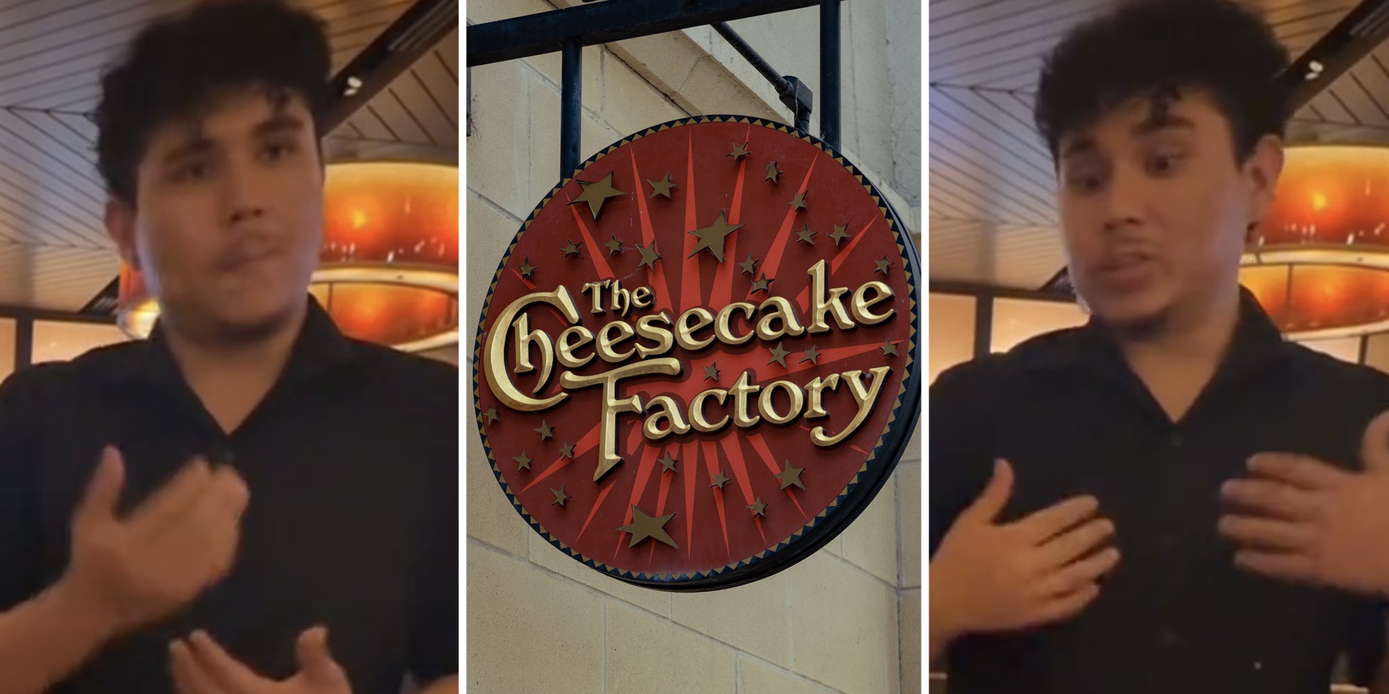 Waiter talking(L+r), Cheesecake factory sign(c)