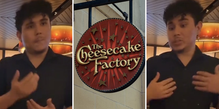 Waiter talking(L+r), Cheesecake factory sign(c)
