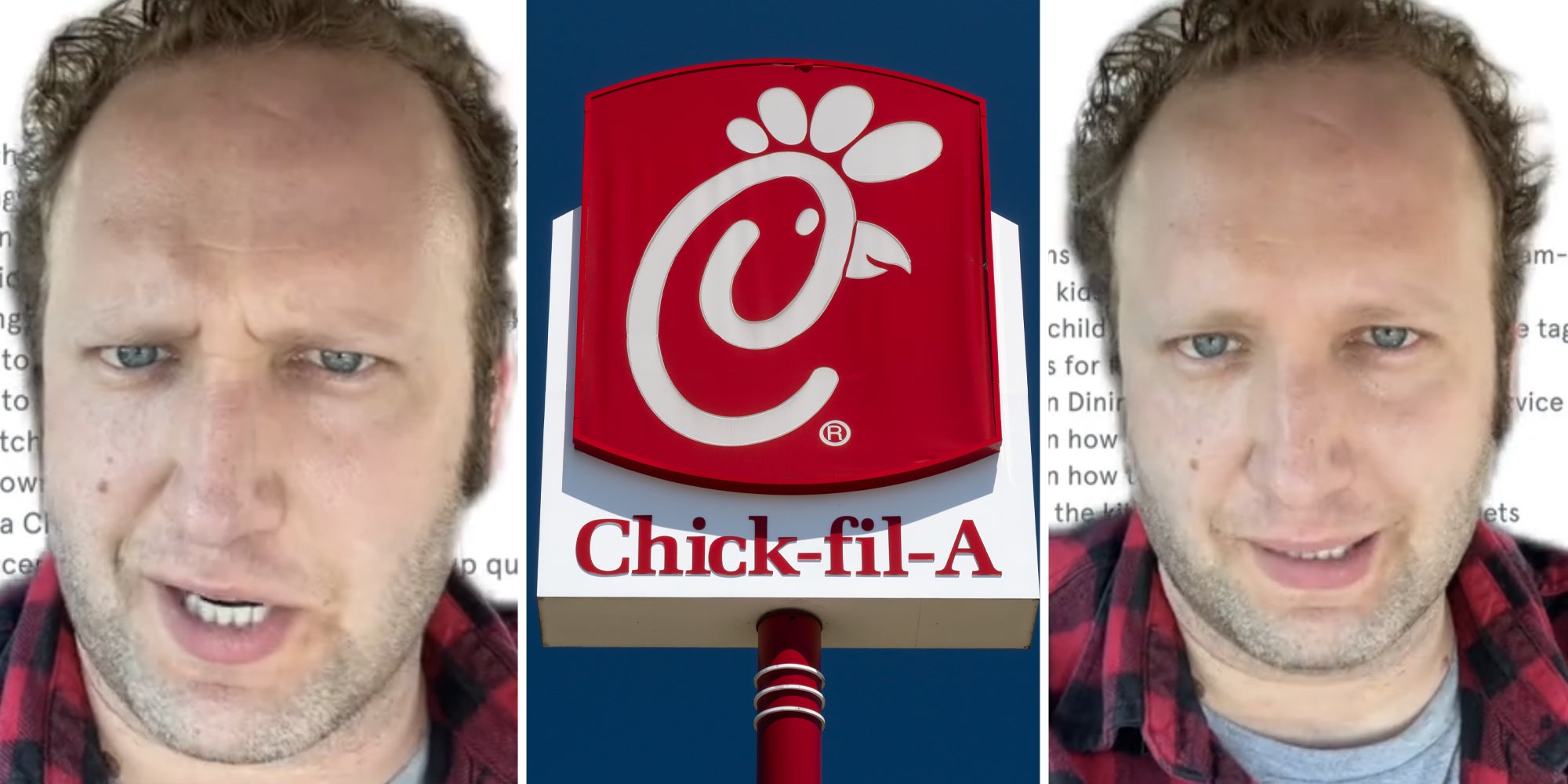Man talking(l+r), Chick-fil-a sign(c)