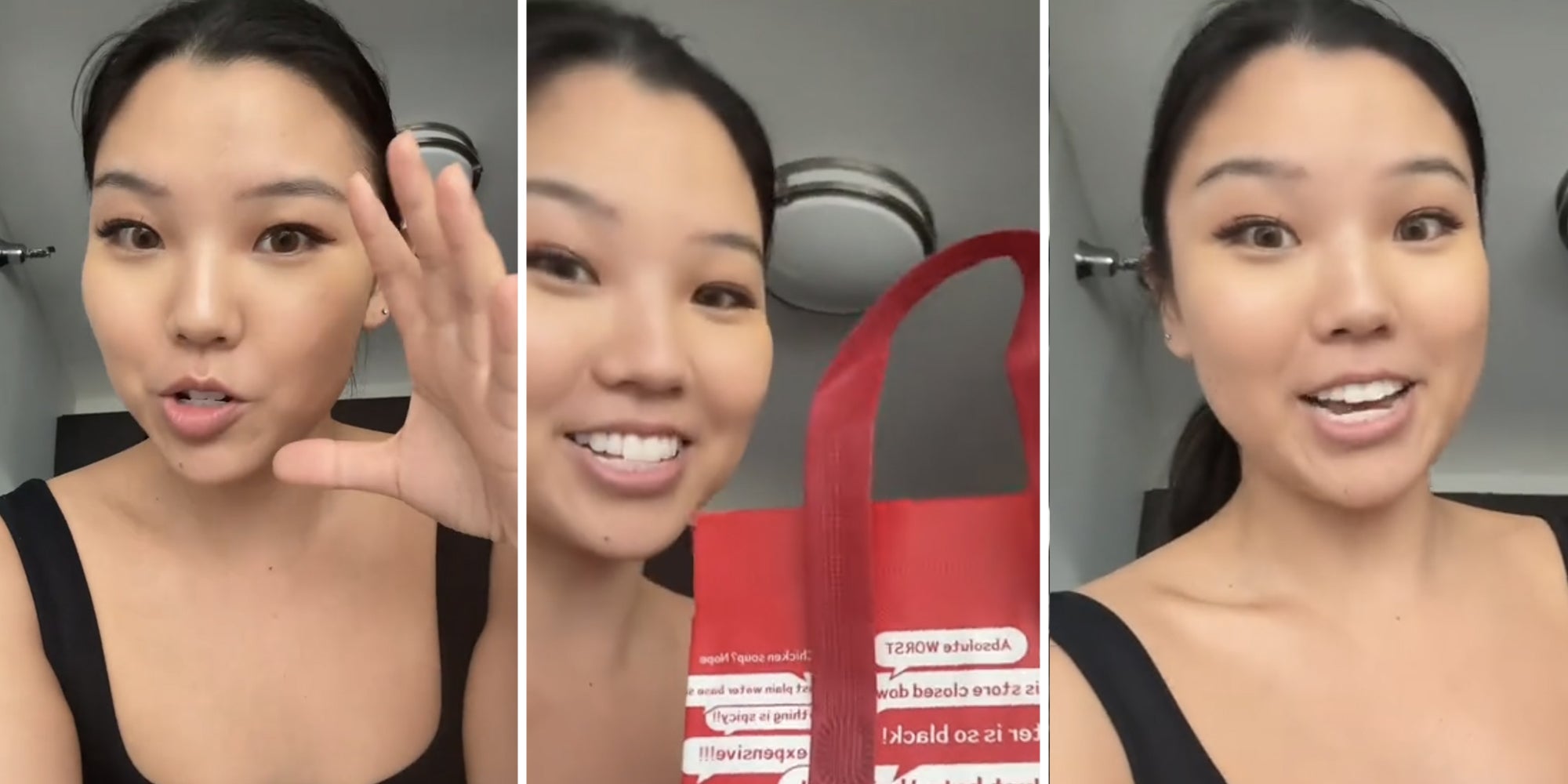 Woman talking(l+r) Woman showing off bag(c)