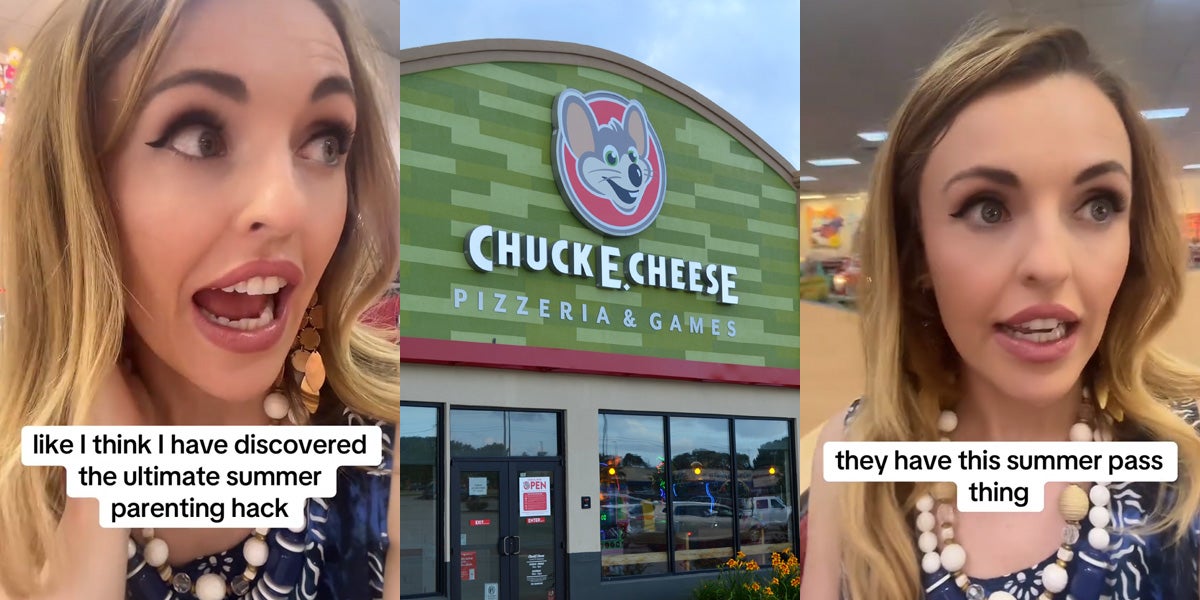 woman speaking with caption 'Like I think I have discovered the ultimate summer parenting hack' (l) Chuck E. Cheese (c) woman speaking with caption 'they have this summer pass thing' (r)