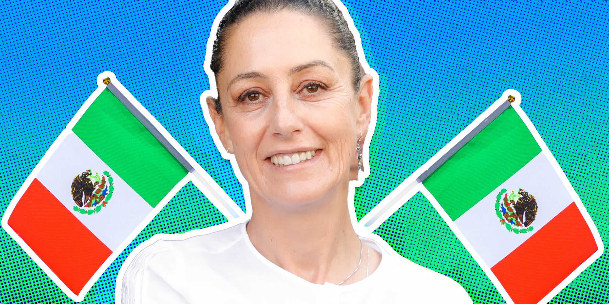 Claudia Sheinbaum in front of mexican flags