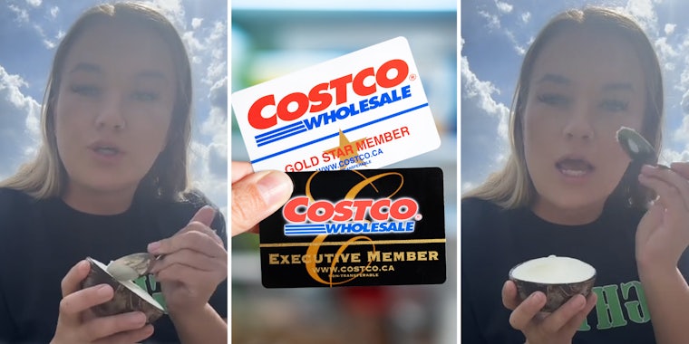 Woman talking(l+r), Costco membership cards