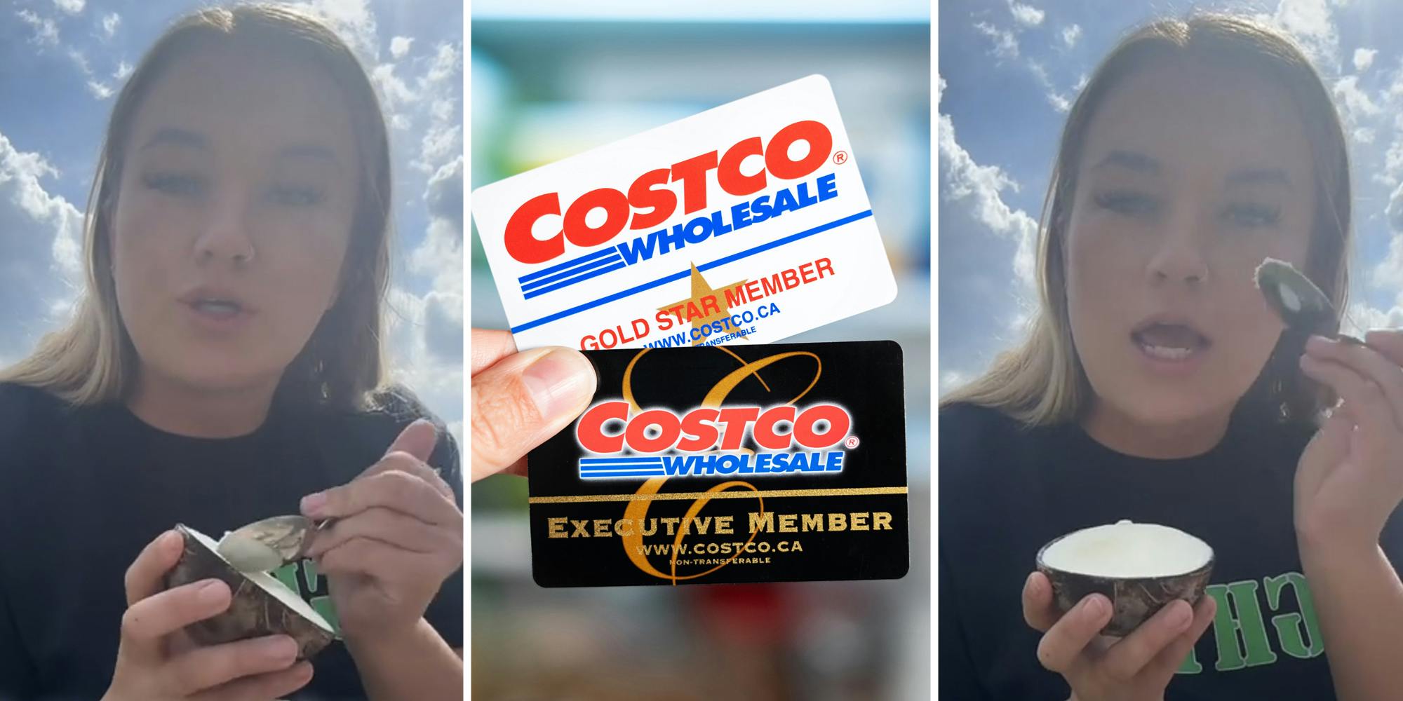 Woman talking(l+r), Costco membership cards