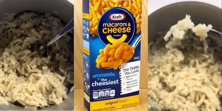 Mac and cheese in pot(l+r), Kraft mac and cheese(c)