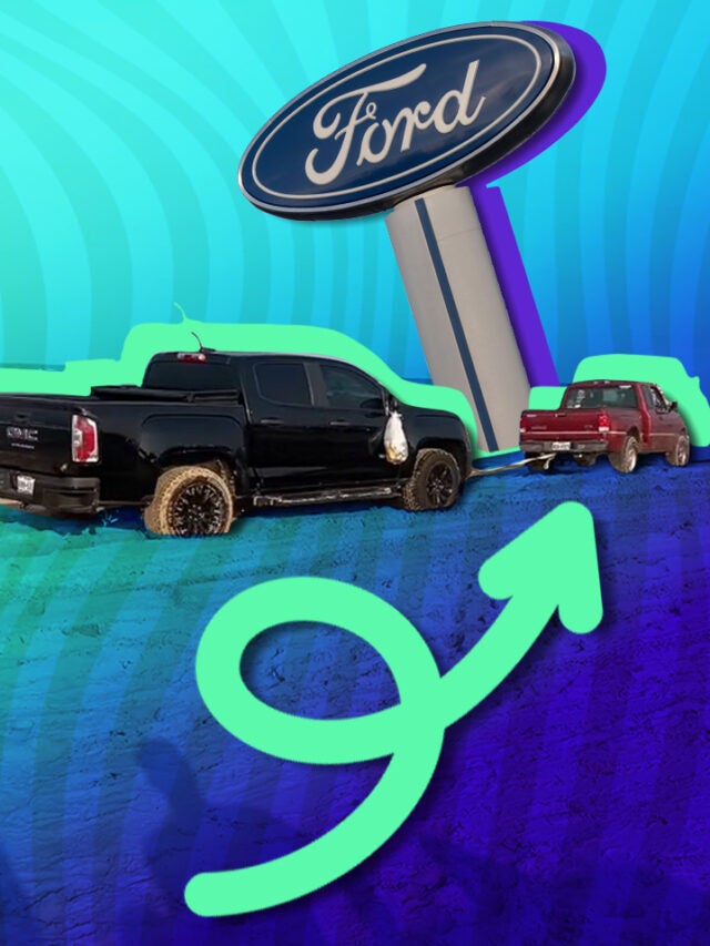trucks on beach with Ford sign over green and blue
