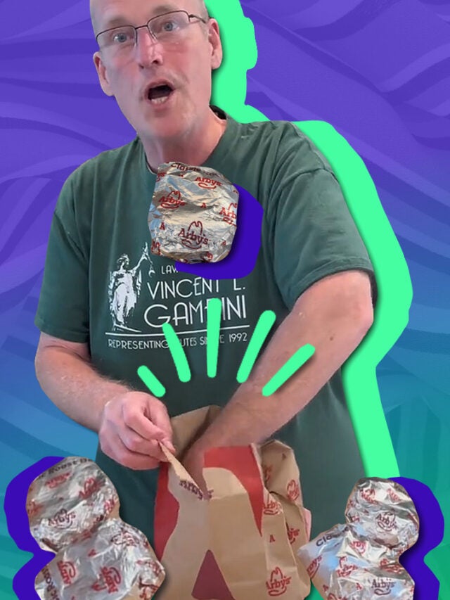 man with Arby's over green and blue