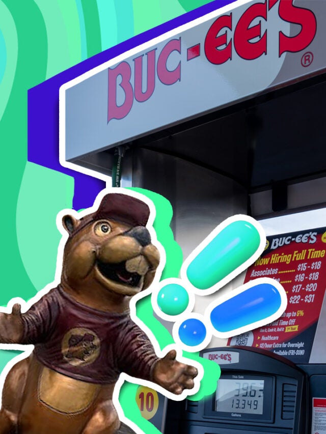 Buc-ee's mascot and gas pump over green and blue