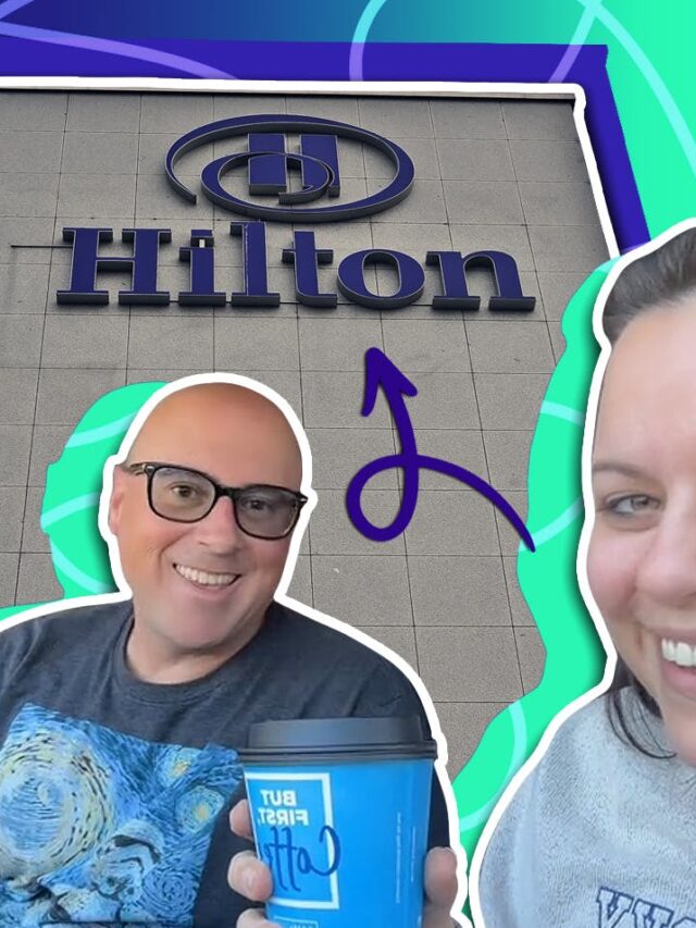 diamond Hilton members in front of hotel over green and blue