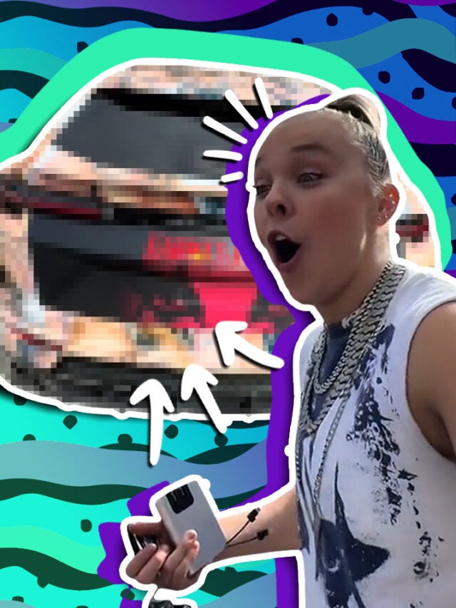 JoJo Siwa with car over blue and green