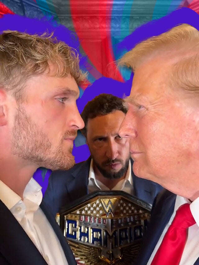 Logan Paul and Donald Trump over blue and red
