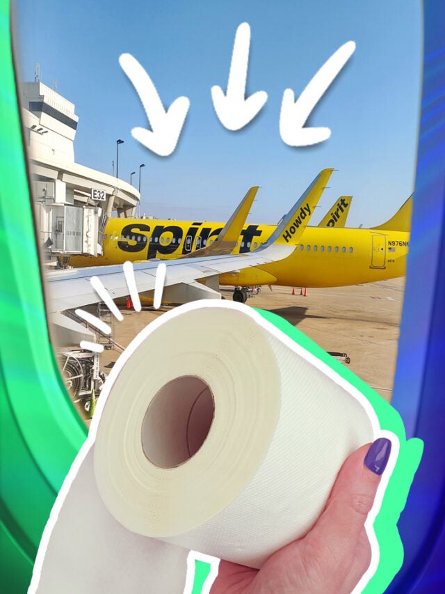toilet paper in hand inside airplane with window view over green and blue
