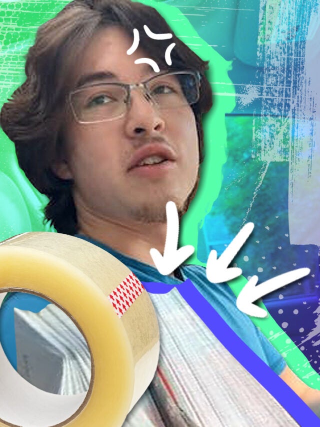 man i car with tape over green and blue