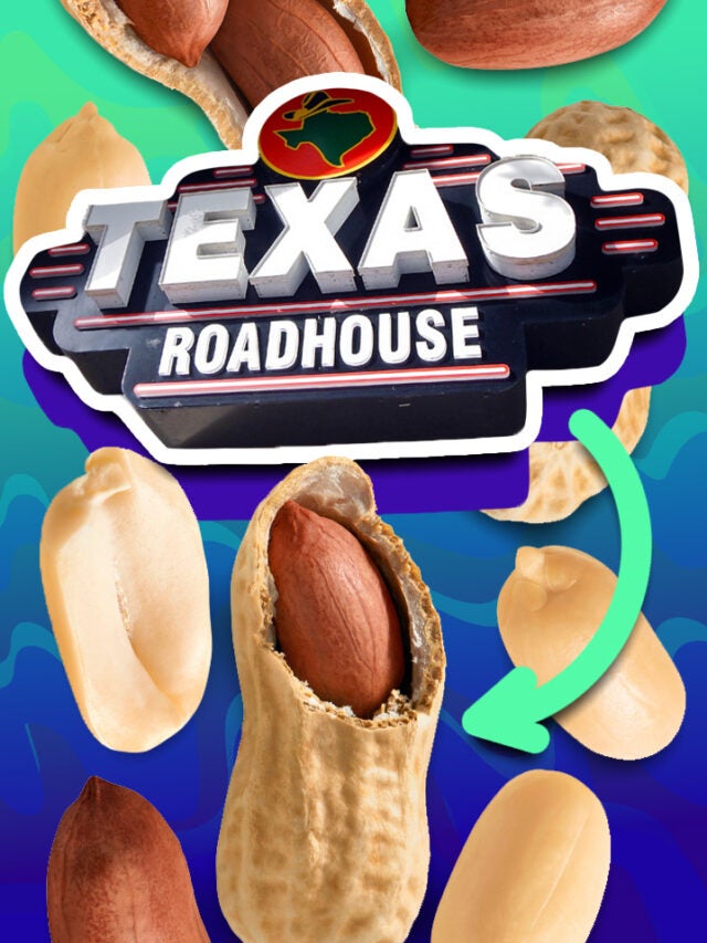 Texas Roadhouse sign with peanuts over green and blue