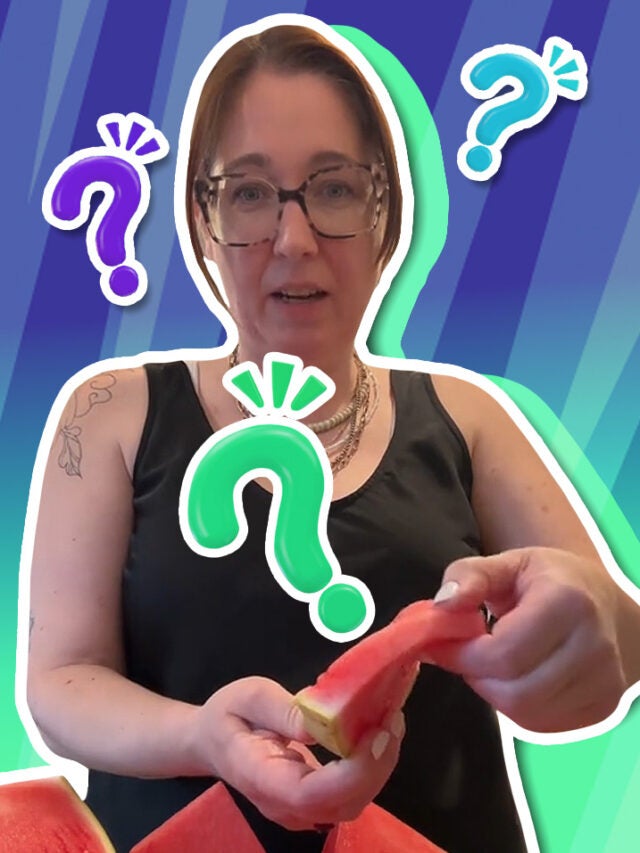 woman with watermelon over green and blue