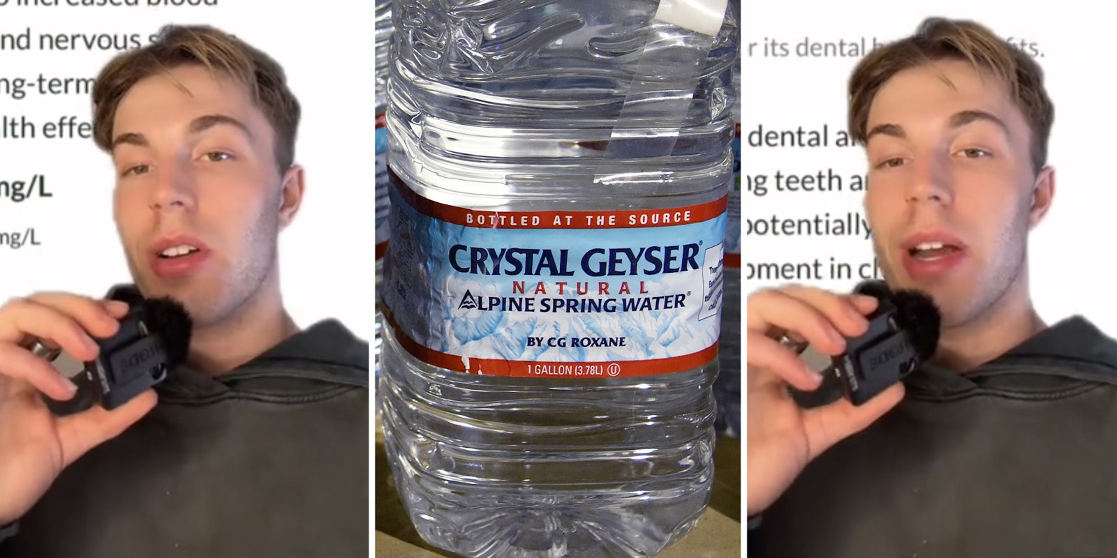 Man talking(l+r), Crystal Geyser water jug(c)