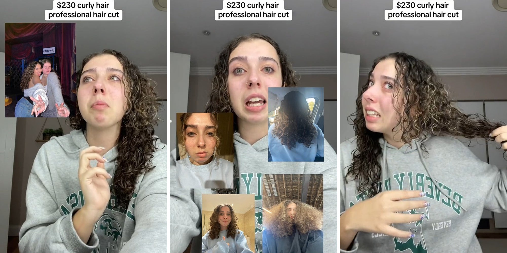 young woman showing pictures before and after 'professional' hair cut