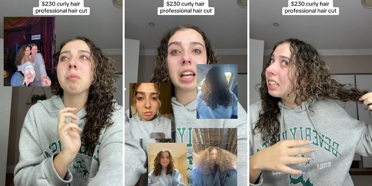 young woman showing pictures before and after 'professional' hair cut