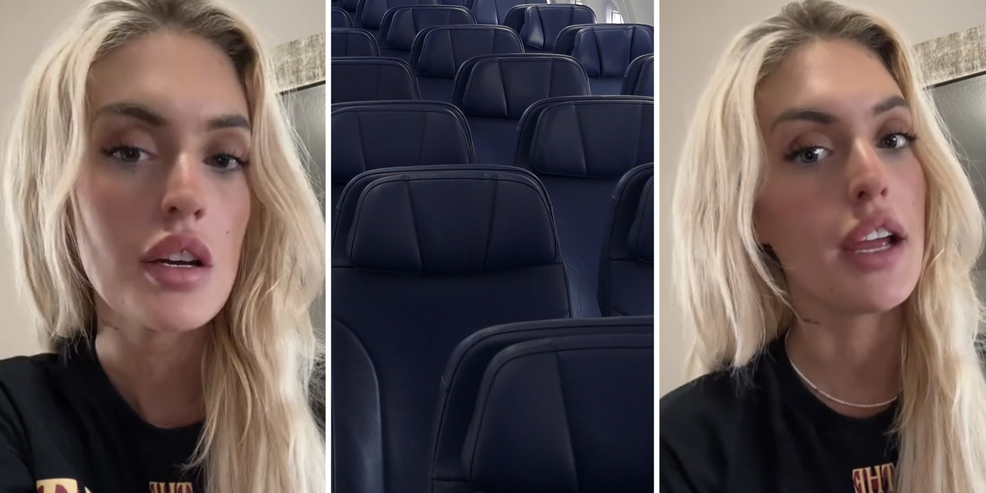 Woman talking(l+r), Airplane seats(c)