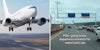 airplane landing (l) airport entrance with 