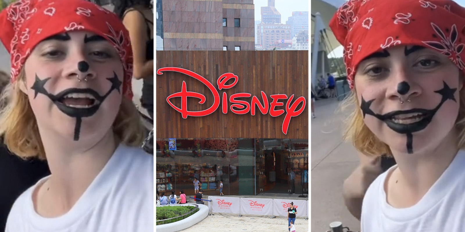 Woman with face paint(l+r), Disney logo on storefront(c)