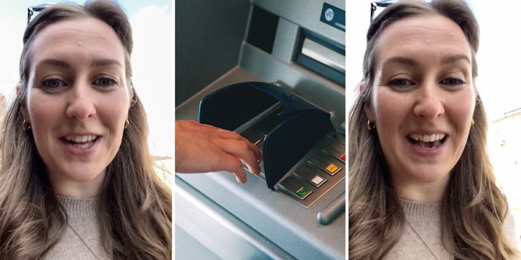 Woman talking(L+r), Hand at ATM