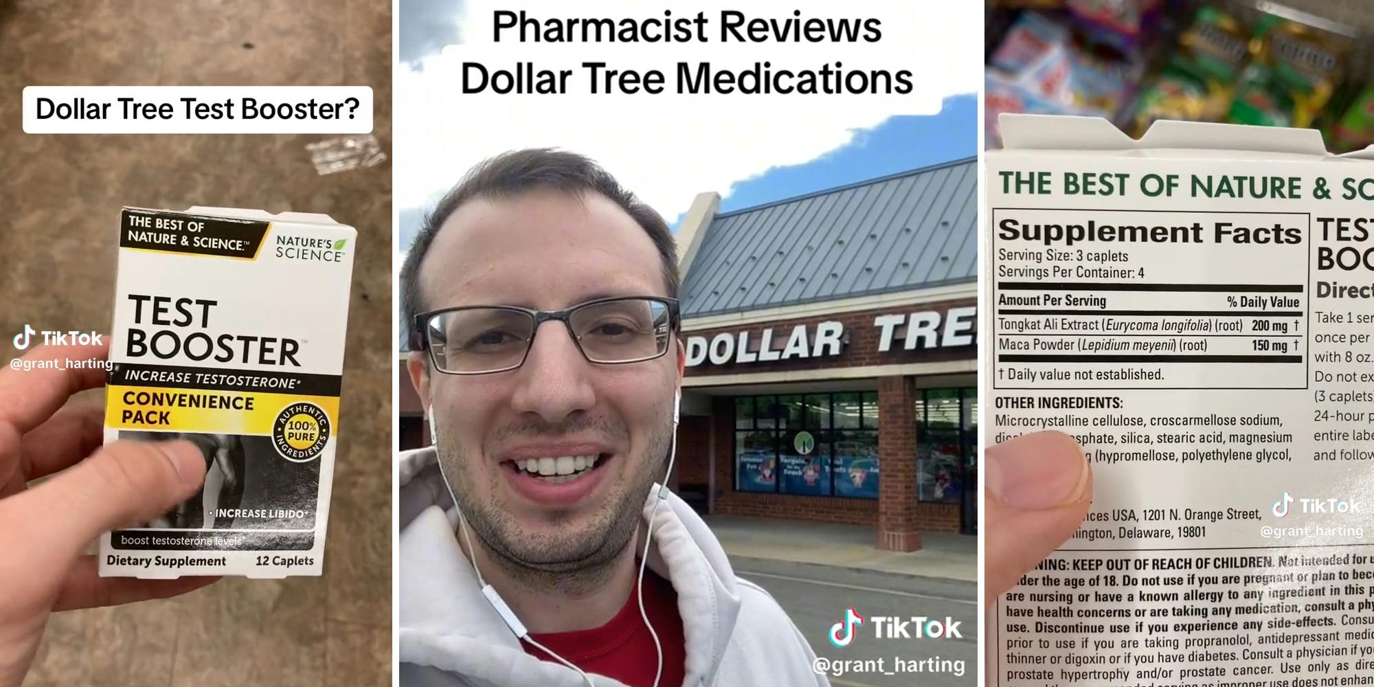 hand holding box with caption "Dollar Tree Test Booster?" (l) Man in front of Dollar Tree with caption "Pharmacist reviews Dollar Tree medications" (c) hand holding back of box of "testosterone booster" ingredients (r)