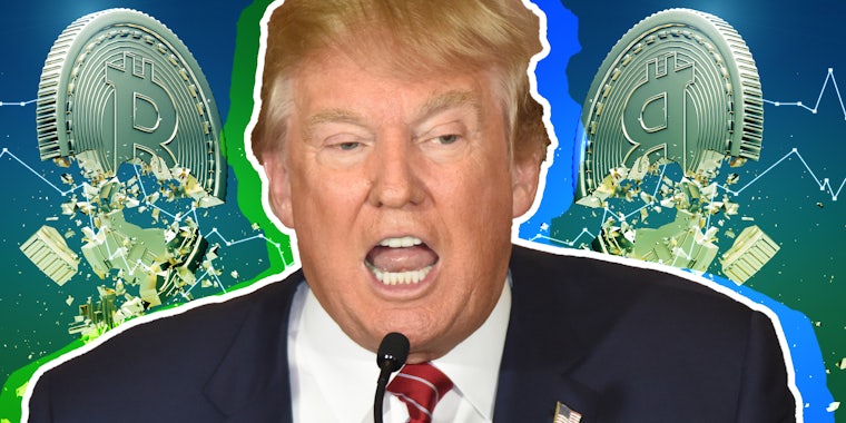 Donald Trump with bit coins in the background