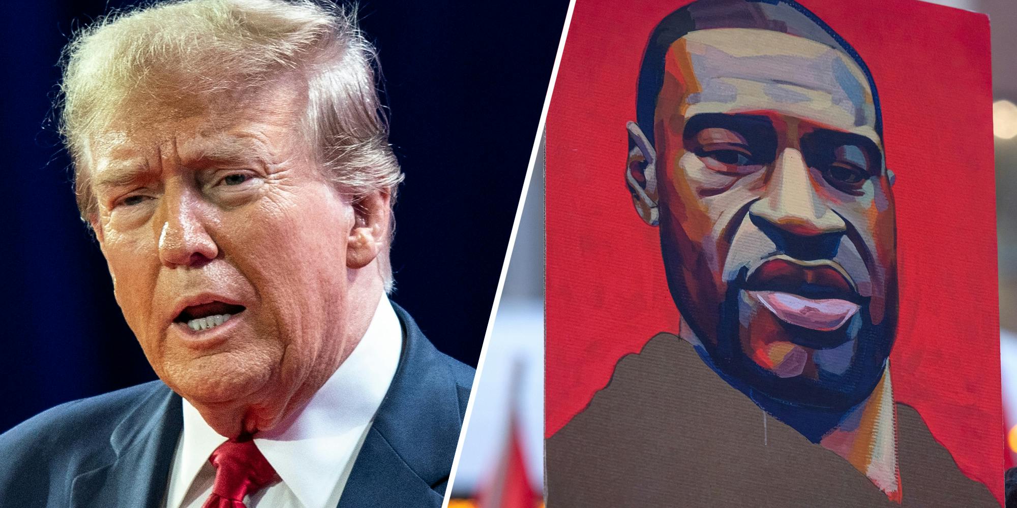 Donald Trump(l), painting of George Floyd(R)