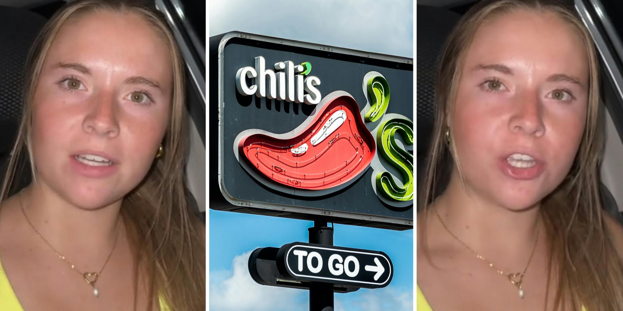 Woman talking(l+r), Chili's sign(c)