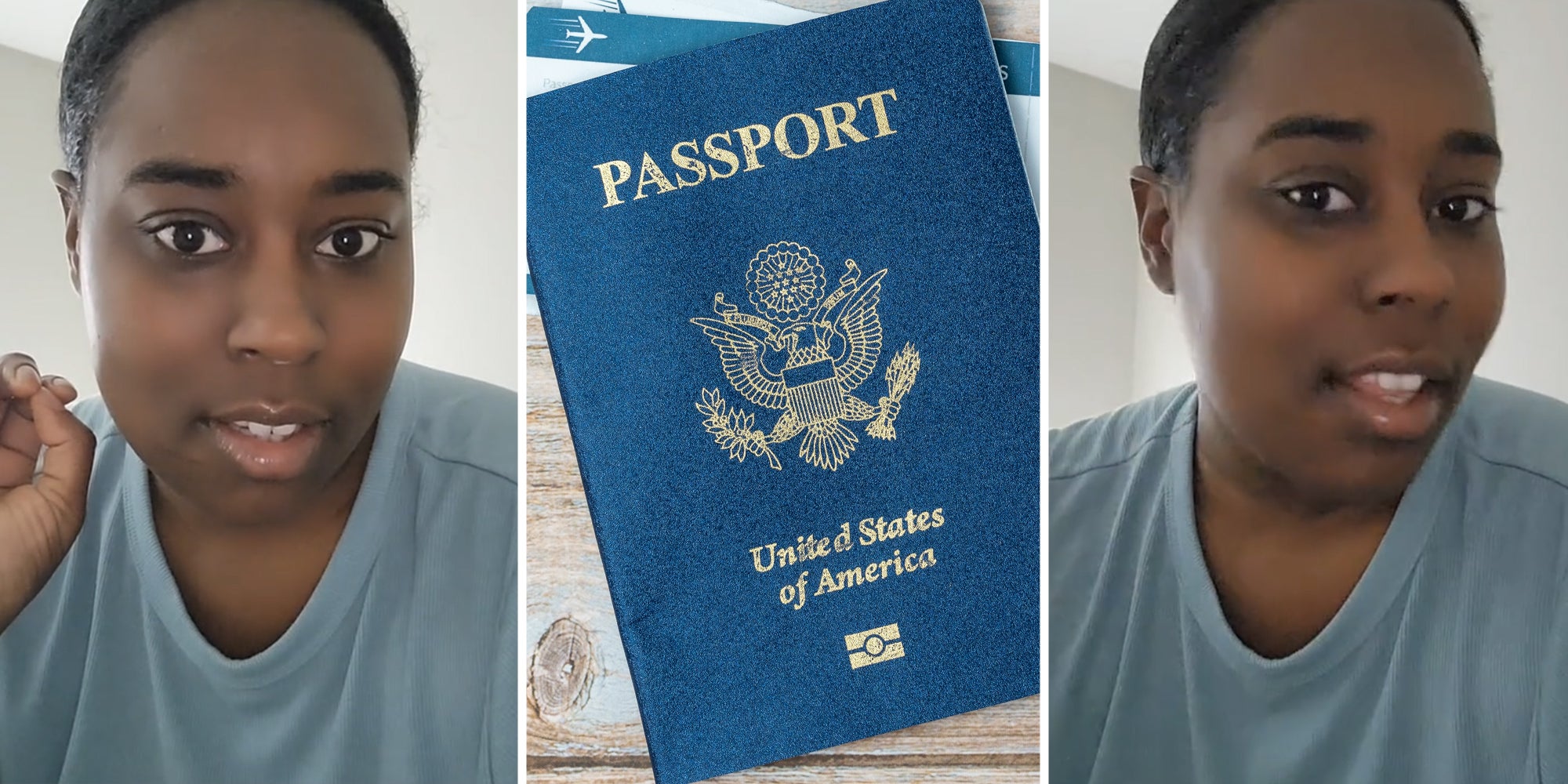 Woman talking(l+r), Passport(c)