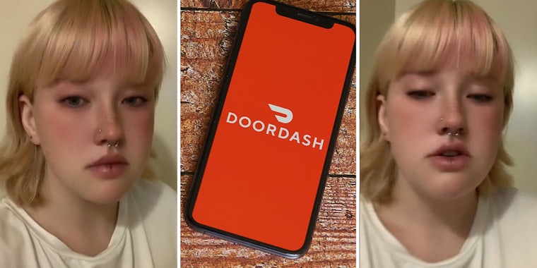 Woman talking(l+r), Phone with doordash app(c)