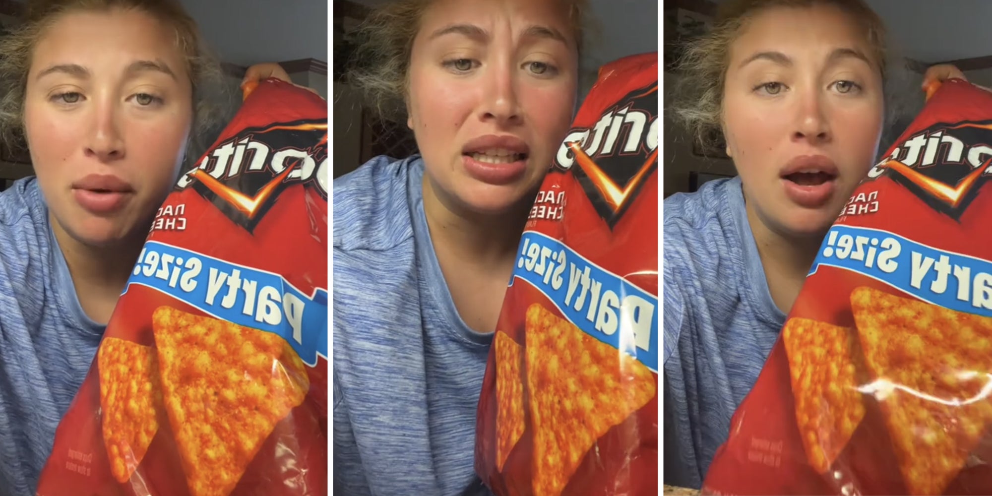 Woman with doritos bag (three split)