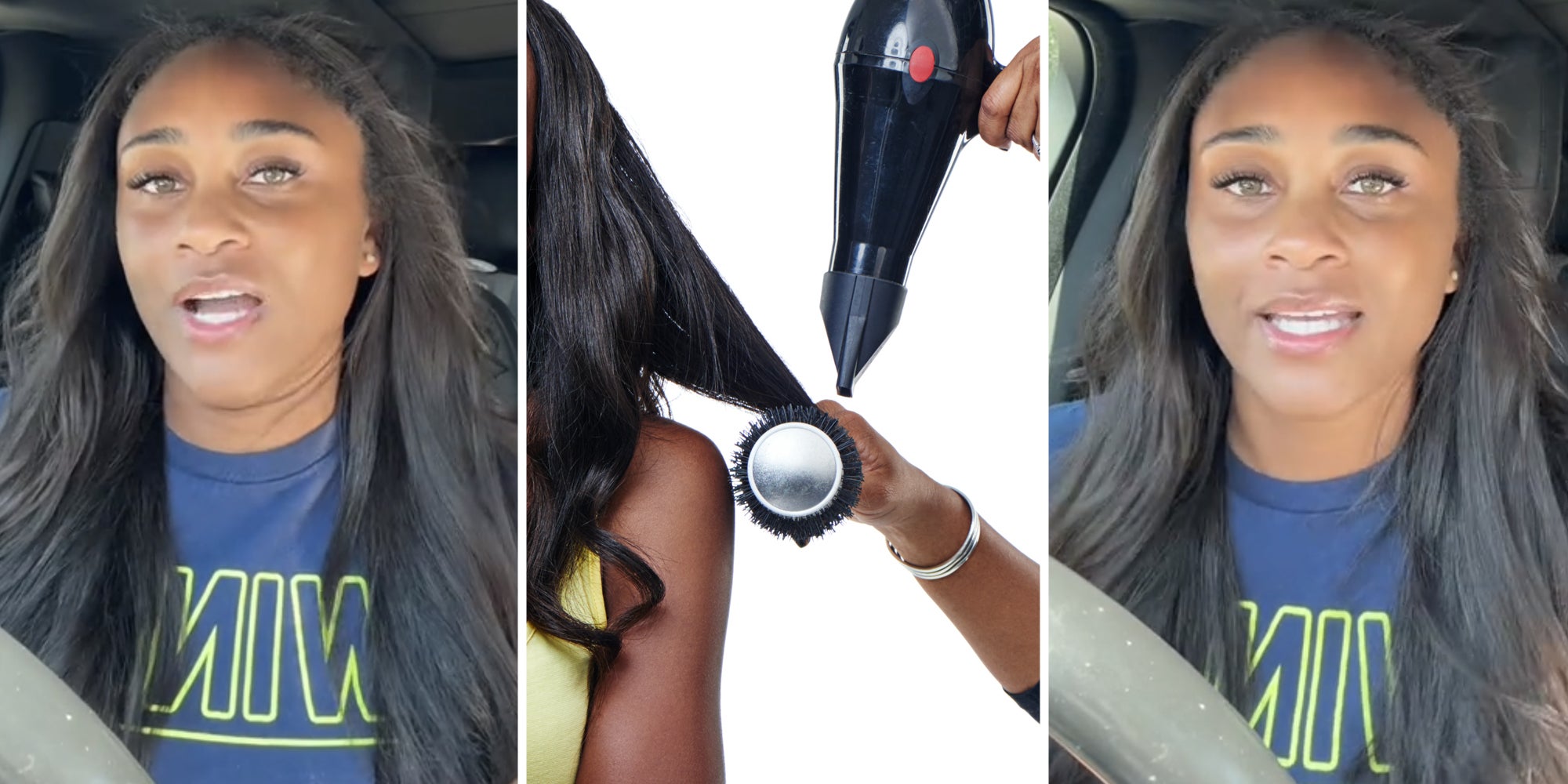 Woman talking(l+r), Hands blowing out hair(c)