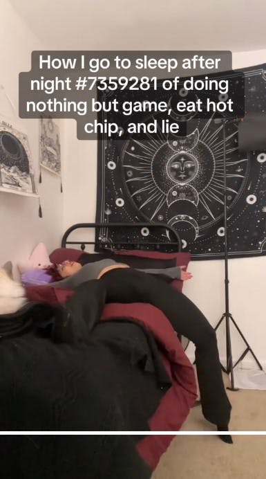 woman flopping onto a bed with the caption 'How I go to sleep after night #7359281 of doing nothing but game,e at hot chip and lie'