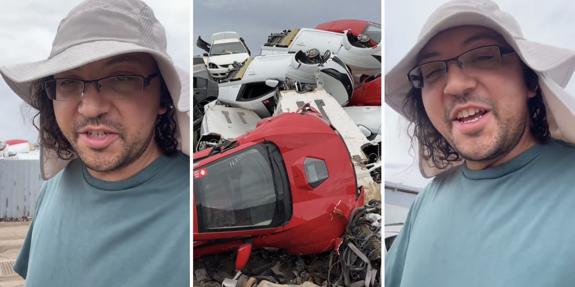 Man talking(L+r), Cars in dump(c)