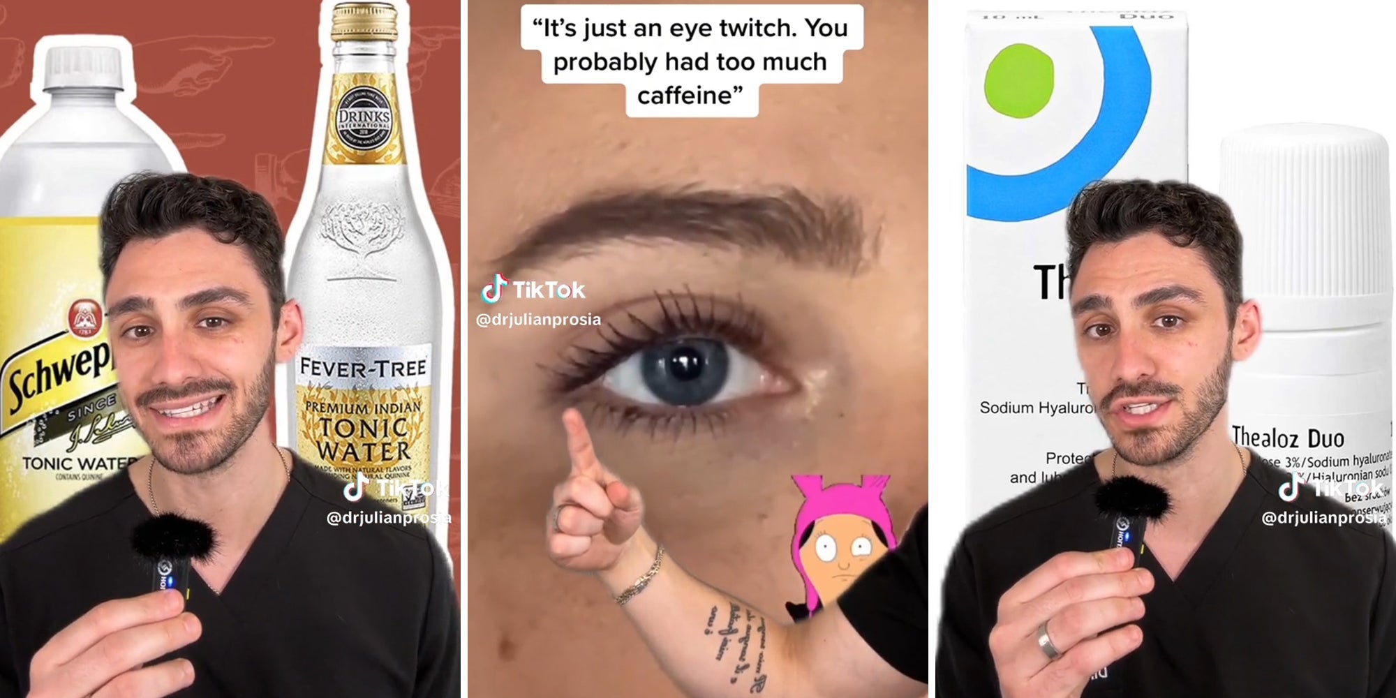 man holding mic in front of 'schweppes tonic water' and 'fever-tree tonic water' (l) man pointing at eye with caption 'It's just an eye twitch. You probably had too much caffeine' (c) man with mic in front of Thealoz Duo package (r)