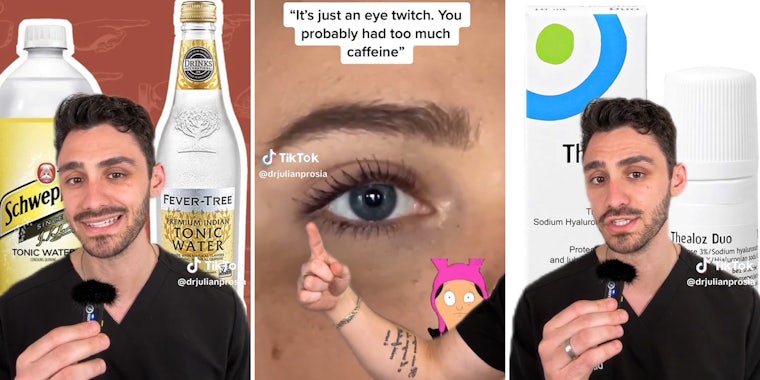 man holding mic in front of 'schweppes tonic water' and 'fever-tree tonic water' (l) man pointing at eye with caption 'It's just an eye twitch. You probably had too much caffeine' (c) man with mic in front of Thealoz Duo package (r)