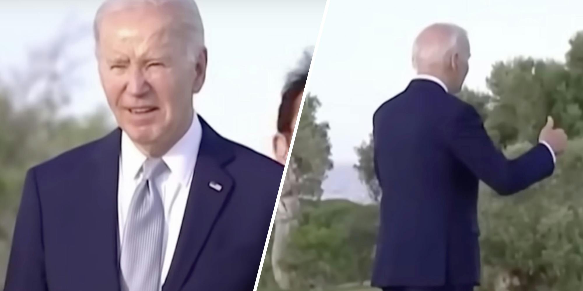 Joe Biden at G7 summit(l), Joe walking away(r)