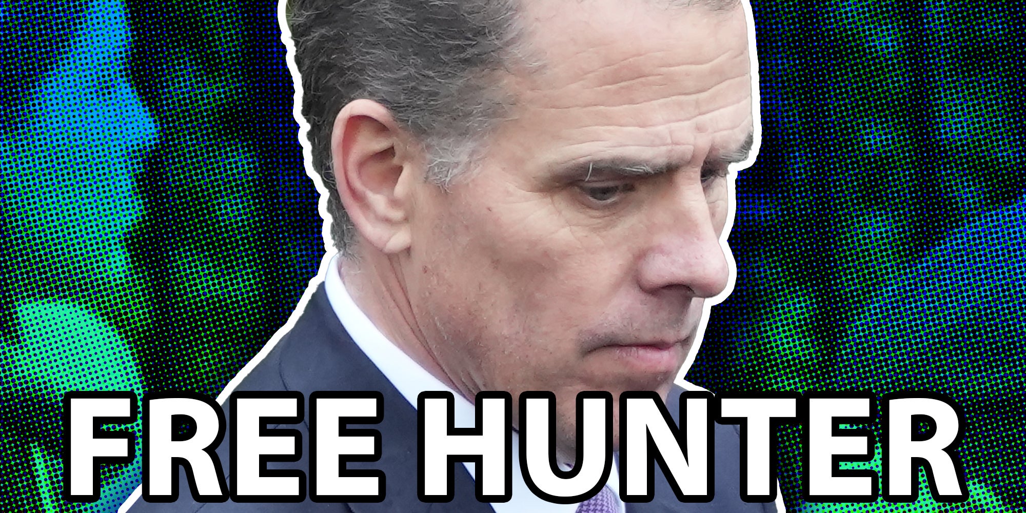 Hunter Biden with text that says 'free hunter' over it