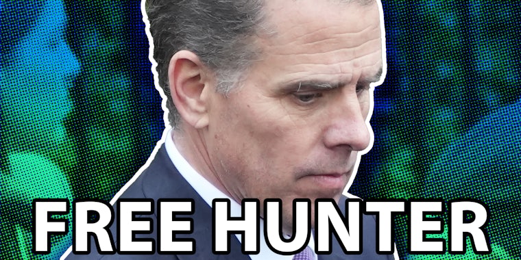 Hunter Biden with text that says 'free hunter' over it
