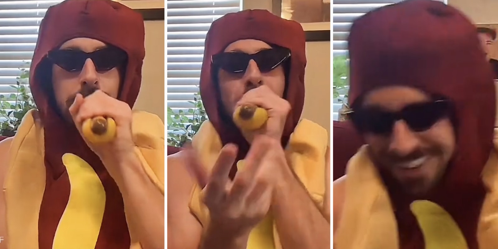 Three split of guy in a hot dog costume