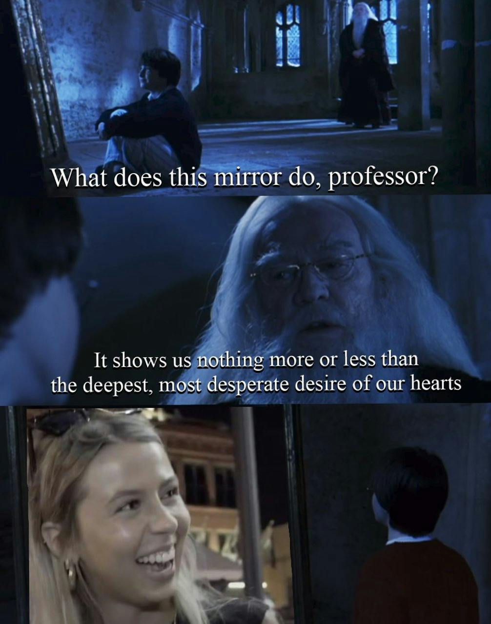 hawk tuah girl meme with harry potter mirror