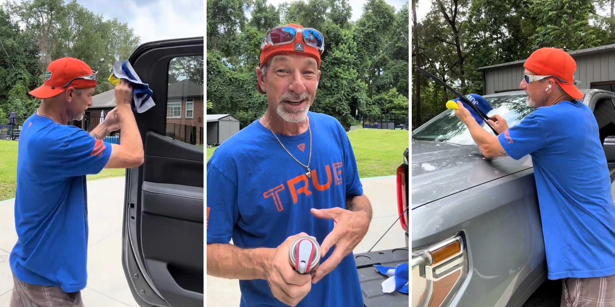 man wiping door seals (l) man holding spray bottle (c) man wiping rain wipers (r)