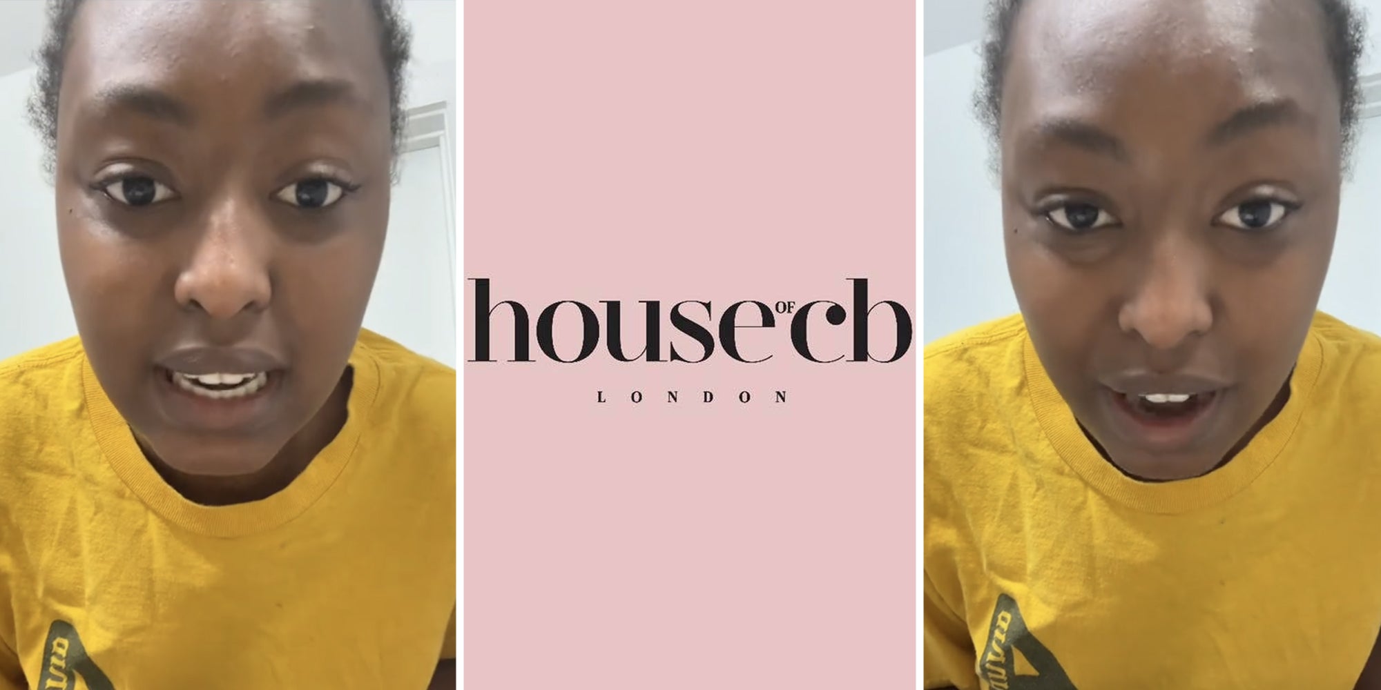 Woman talking(l+r), House of CB logo(c)
