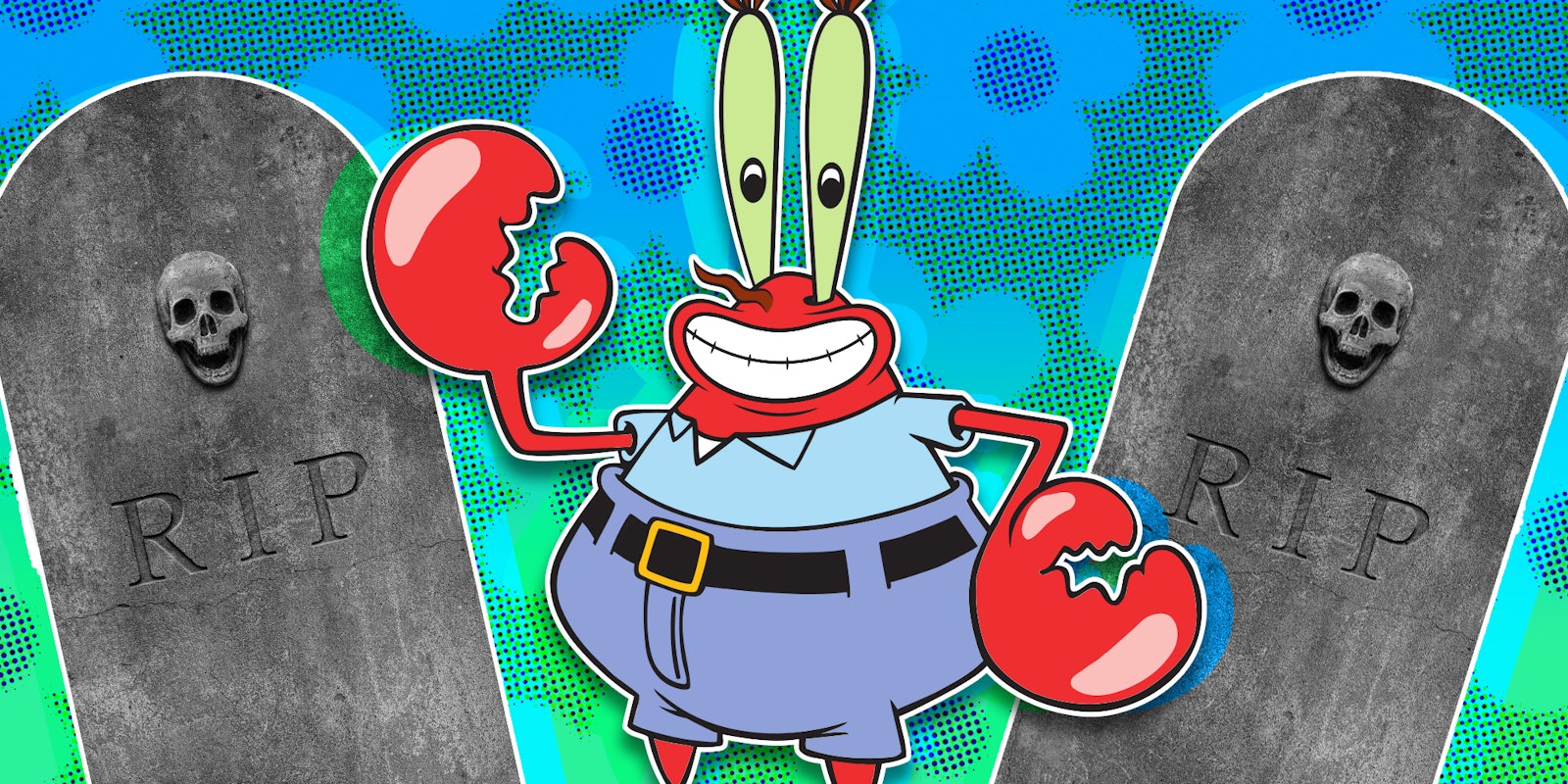 Mr. Krabs in front of two tombstones and floral backdrop