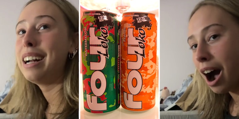 Woman looking shocked(l+r), Two cans of four loko(c)