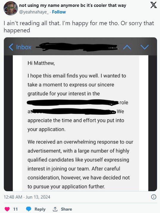 Man gives 'I ain't reading all that' response to a job rejection letter