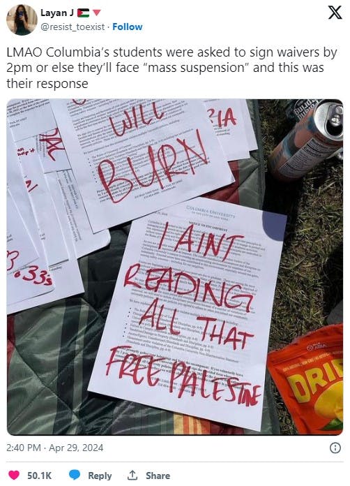 Columbia students send messages to University on letters, including on that reads, 'I ain't reading all that, free Palestine'